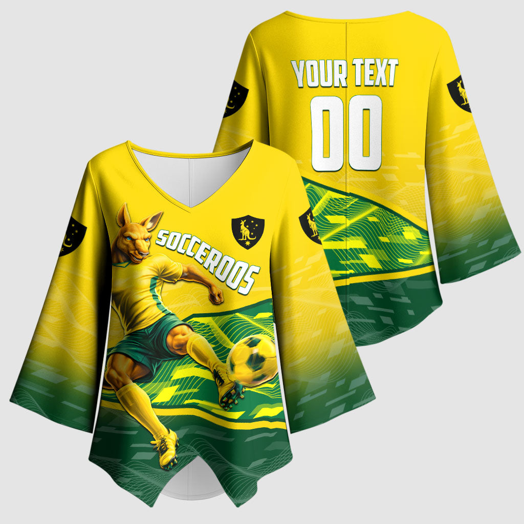 Personalized Socceroos Mascot Kimono Sleeve Blouse Australian Football Player Dynamic Green Yellow Sports Art