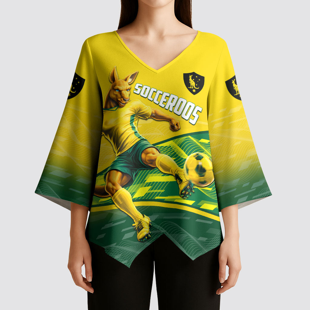 Personalized Socceroos Mascot Kimono Sleeve Blouse Australian Football Player Dynamic Green Yellow Sports Art
