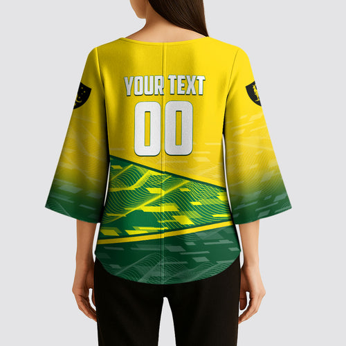 Personalized Socceroos Mascot Kimono Sleeve Blouse Australian Football Player Dynamic Green Yellow Sports Art