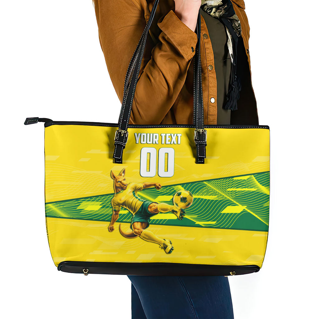 Personalized Socceroos Mascot Leather Tote Bag Australian Football Player Dynamic Green Yellow Sports Art