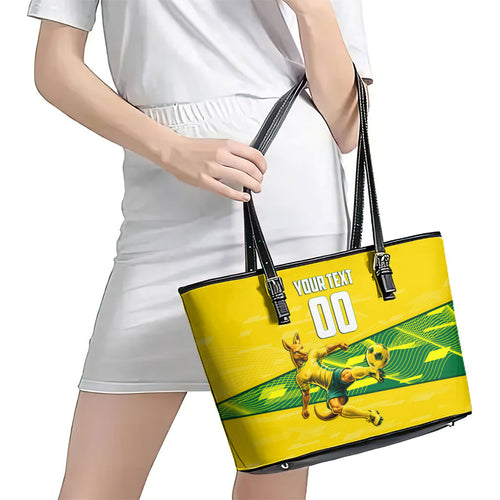 Personalized Socceroos Mascot Leather Tote Bag Australian Football Player Dynamic Green Yellow Sports Art
