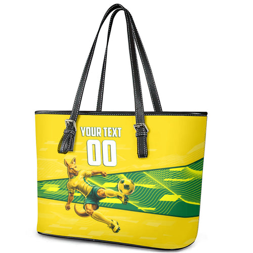 Personalized Socceroos Mascot Leather Tote Bag Australian Football Player Dynamic Green Yellow Sports Art