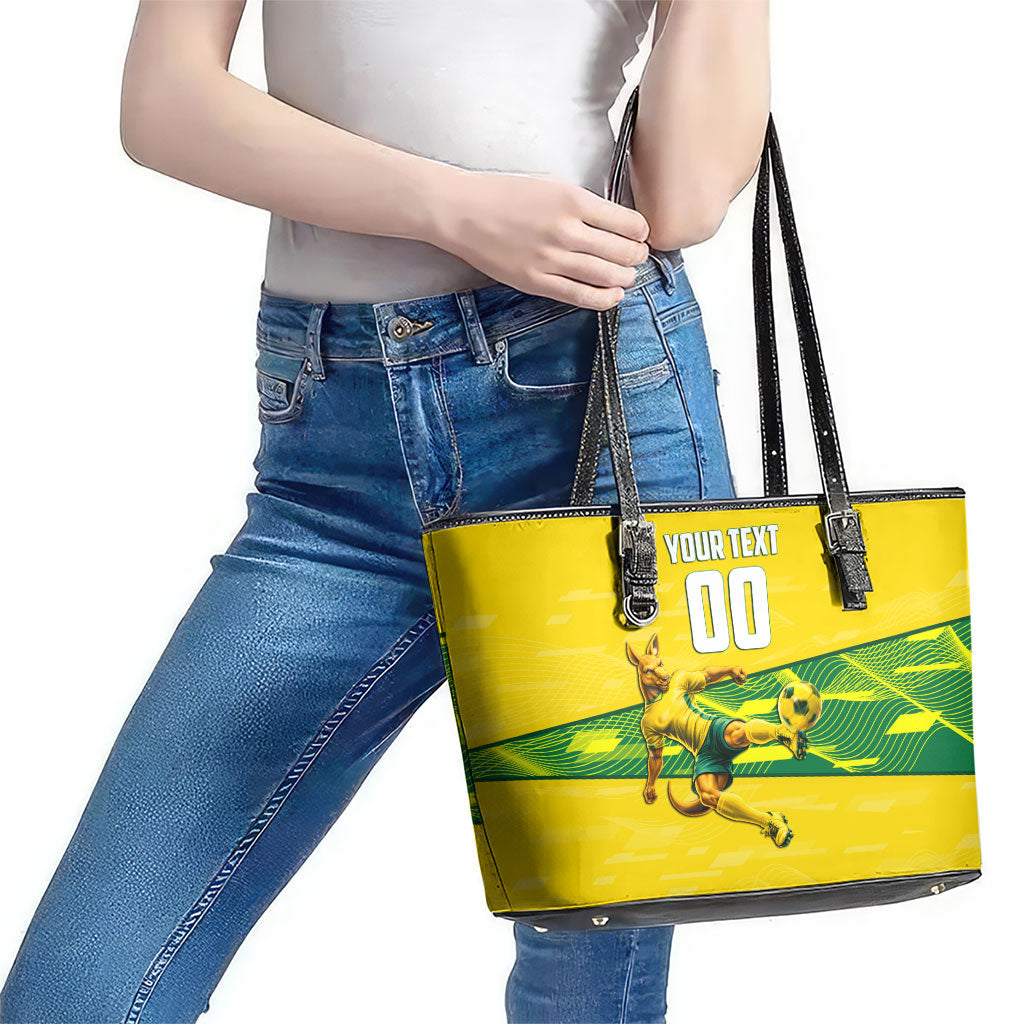 Personalized Socceroos Mascot Leather Tote Bag Australian Football Player Dynamic Green Yellow Sports Art
