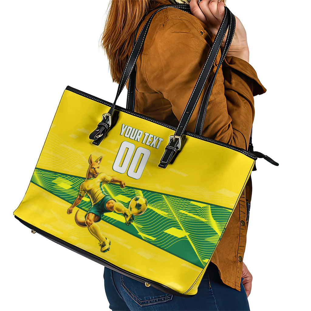 Personalized Socceroos Mascot Leather Tote Bag Australian Football Player Dynamic Green Yellow Sports Art