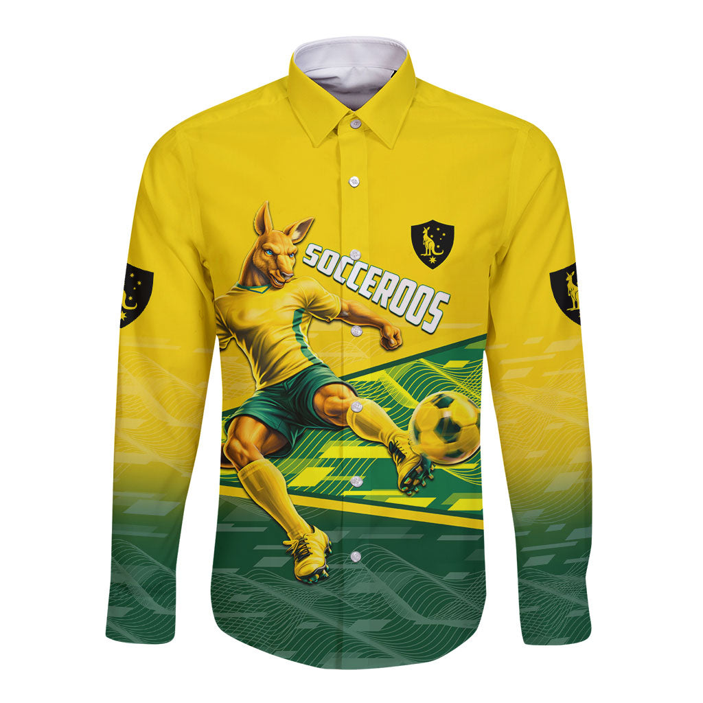 Personalized Socceroos Mascot Long Sleeve Button Shirt Australian Football Player Dynamic Green Yellow Sports Art