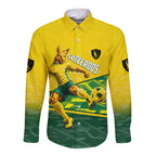 Personalized Socceroos Mascot Long Sleeve Button Shirt Australian Football Player Dynamic Green Yellow Sports Art