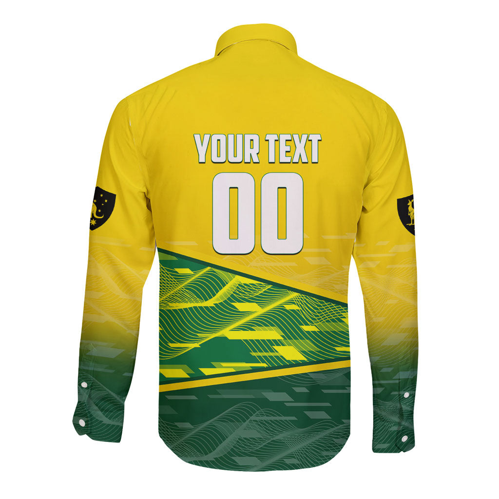 Personalized Socceroos Mascot Long Sleeve Button Shirt Australian Football Player Dynamic Green Yellow Sports Art