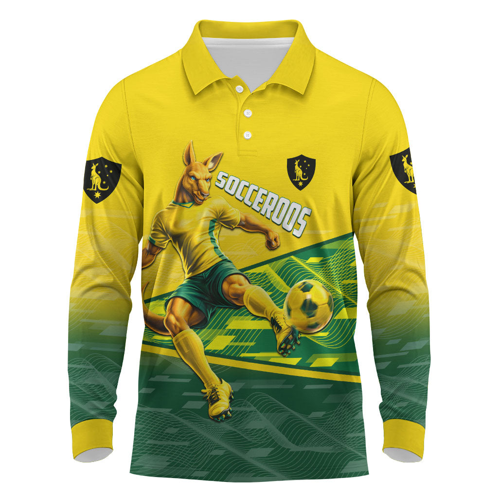 Personalized Socceroos Mascot Long Sleeve Polo Shirt Australian Football Player Dynamic Green Yellow Sports Art