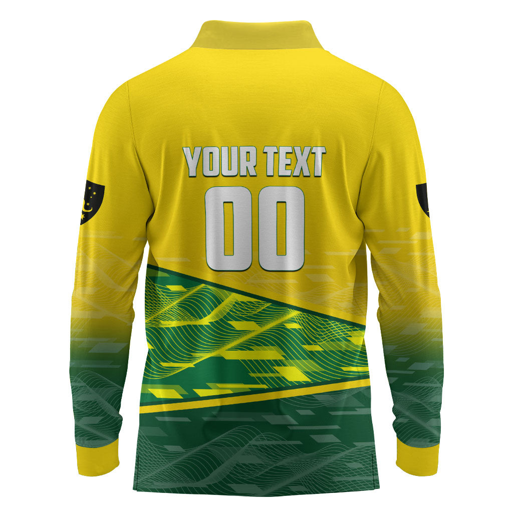 Personalized Socceroos Mascot Long Sleeve Polo Shirt Australian Football Player Dynamic Green Yellow Sports Art