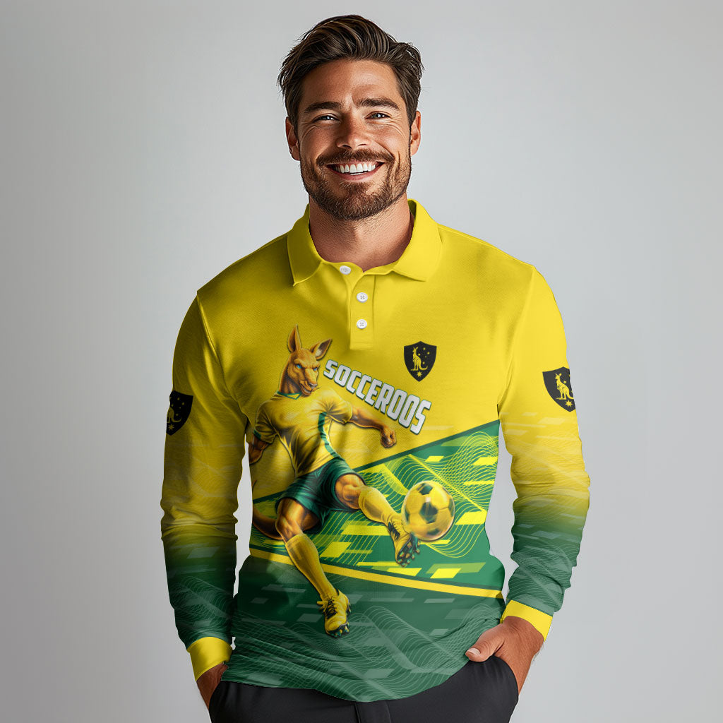 Personalized Socceroos Mascot Long Sleeve Polo Shirt Australian Football Player Dynamic Green Yellow Sports Art