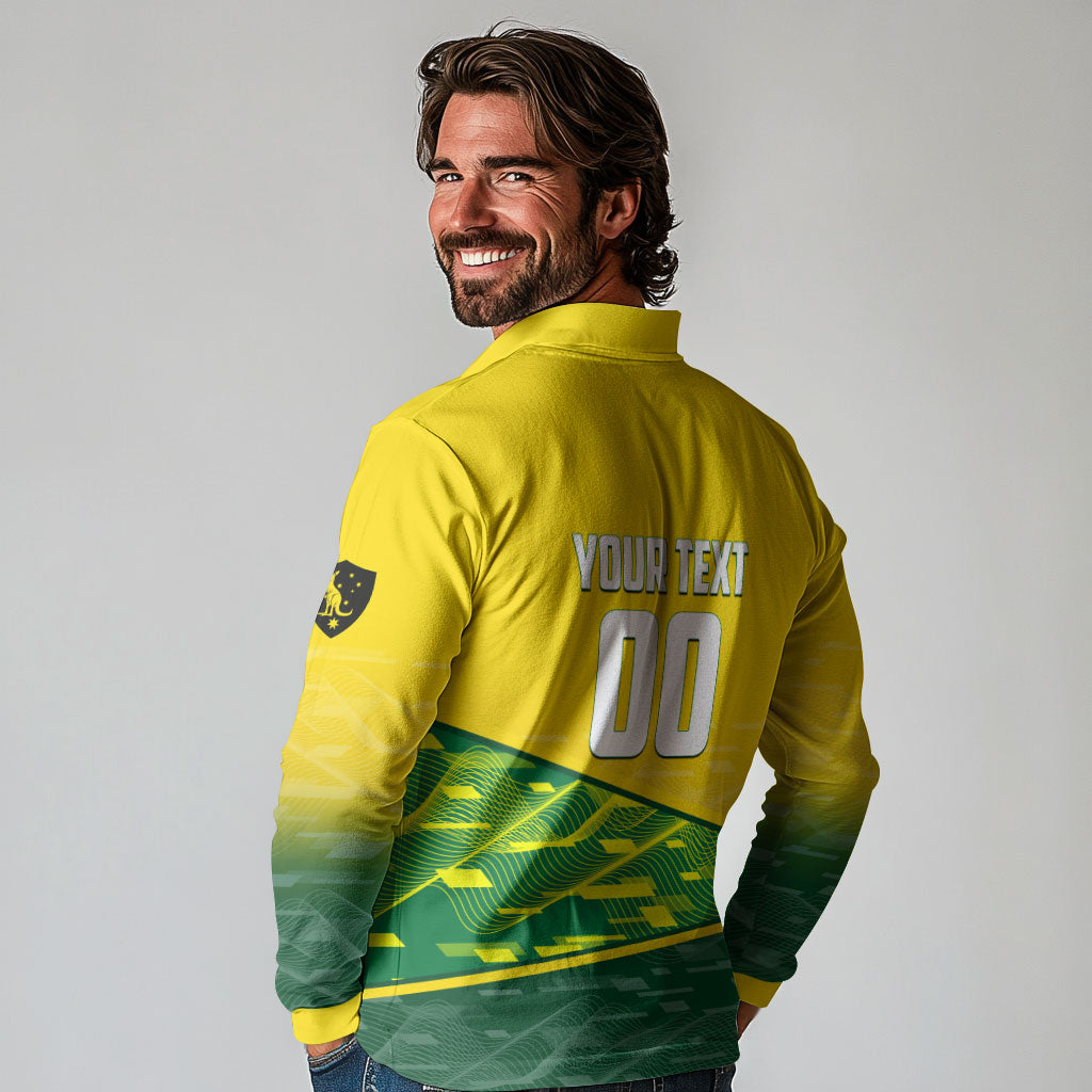 Personalized Socceroos Mascot Long Sleeve Polo Shirt Australian Football Player Dynamic Green Yellow Sports Art