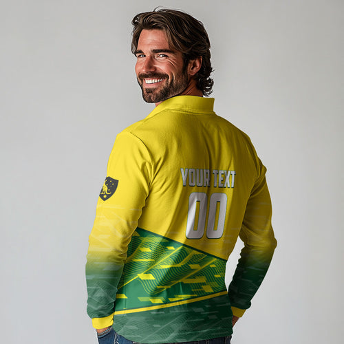Personalized Socceroos Mascot Long Sleeve Polo Shirt Australian Football Player Dynamic Green Yellow Sports Art