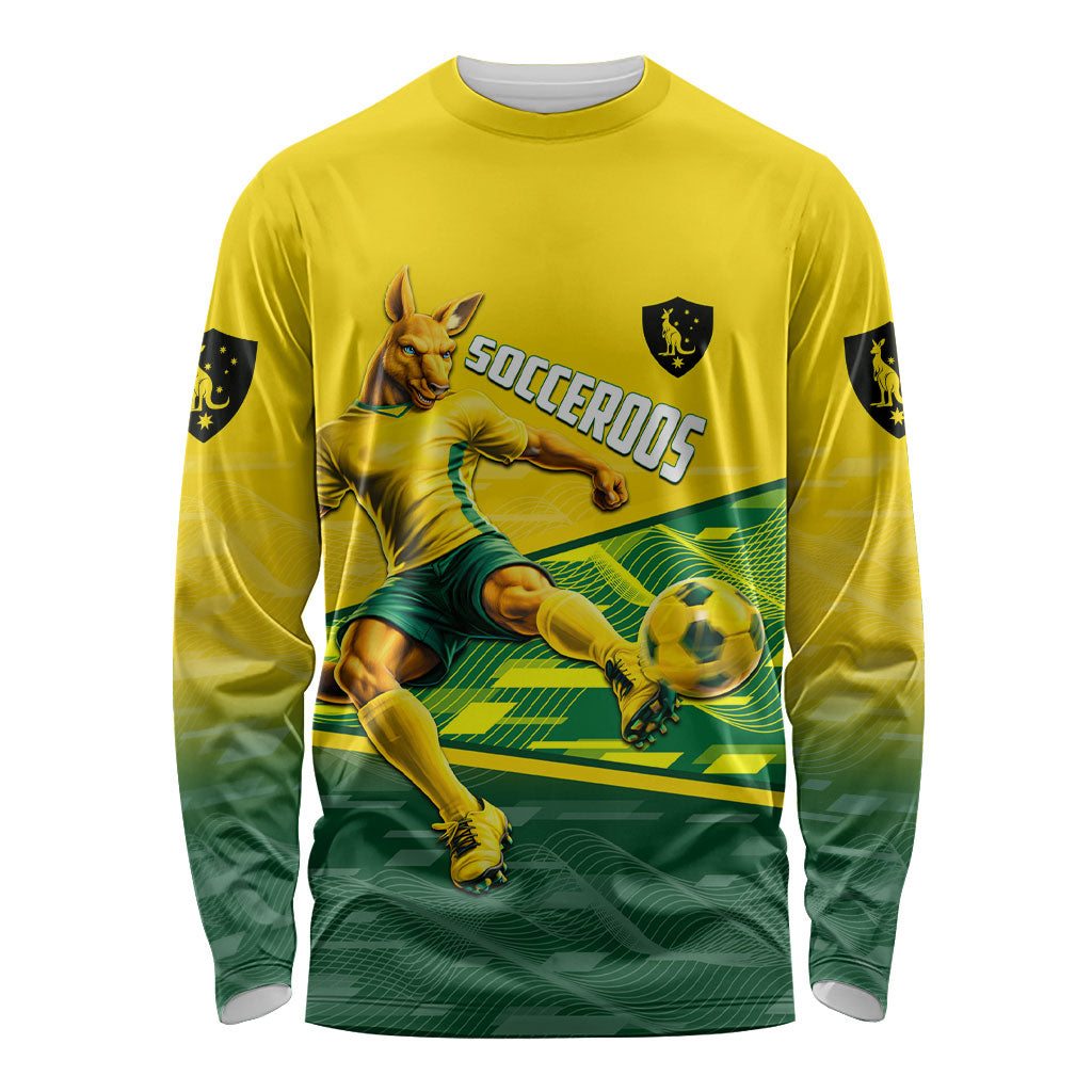Personalized Socceroos Mascot Long Sleeve Shirt Australian Football Player Dynamic Green Yellow Sports Art
