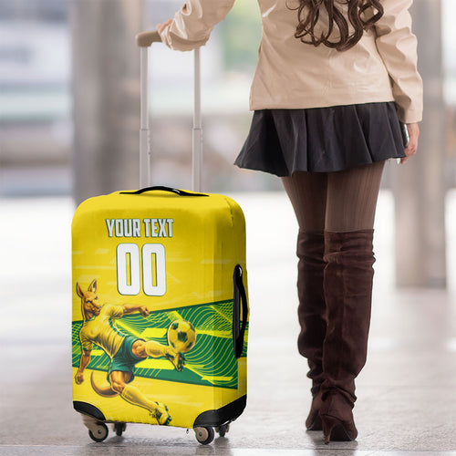 Personalized Socceroos Mascot Luggage Cover Australian Football Player Dynamic Green Yellow Sports Art