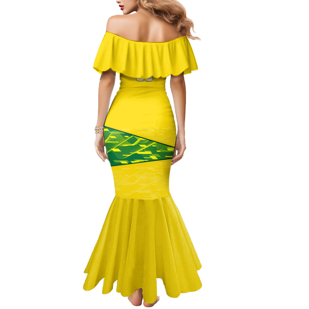 Personalized Socceroos Mascot Mermaid Dress Australian Football Player Dynamic Green Yellow Sports Art