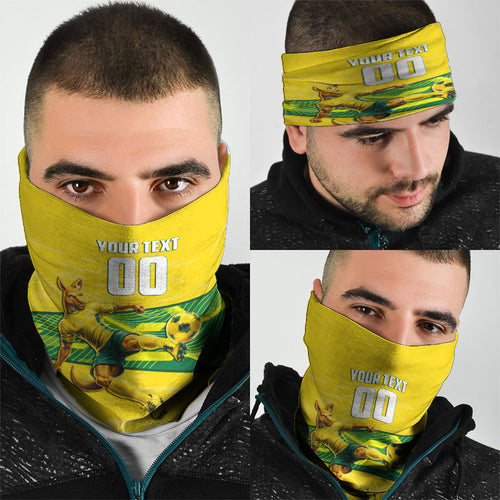 Personalized Socceroos Mascot Neck Gaiter Australian Football Player Dynamic Green Yellow Sports Art