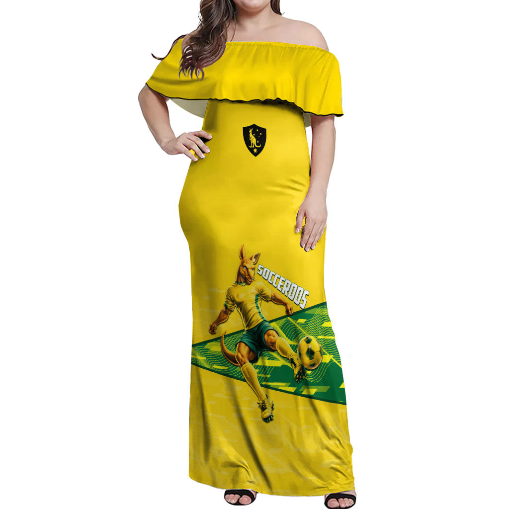 Personalized Socceroos Mascot Off Shoulder Maxi Dress Australian Football Player Dynamic Green Yellow Sports Art