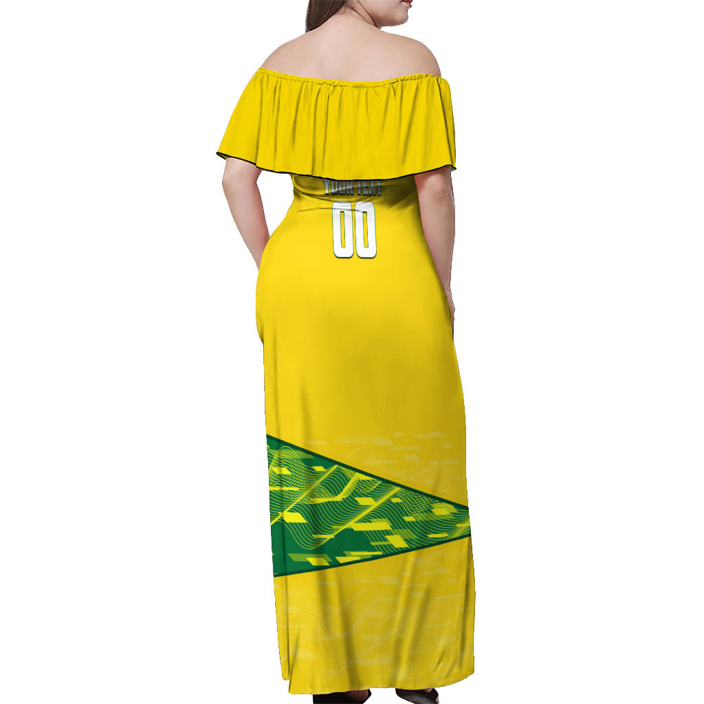 Personalized Socceroos Mascot Off Shoulder Maxi Dress Australian Football Player Dynamic Green Yellow Sports Art