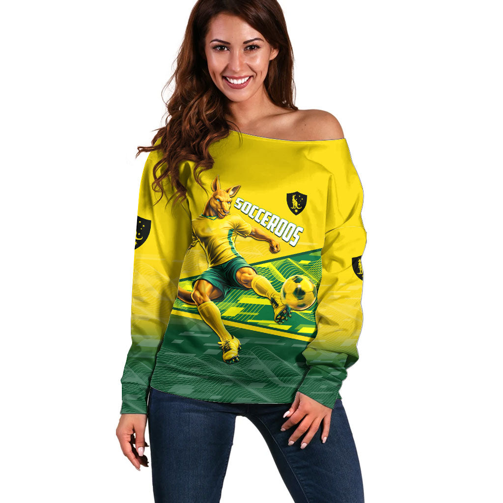 Personalized Socceroos Mascot Off Shoulder Sweater Australian Football Player Dynamic Green Yellow Sports Art