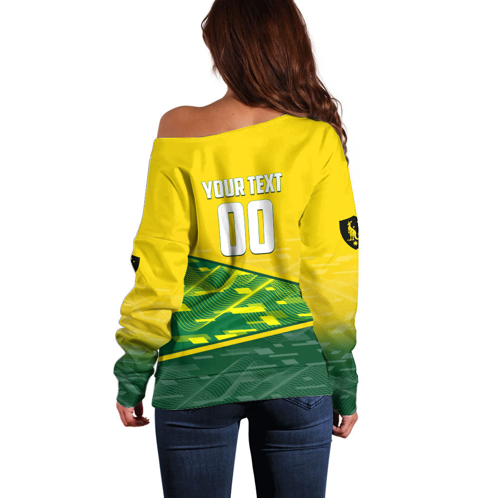 Personalized Socceroos Mascot Off Shoulder Sweater Australian Football Player Dynamic Green Yellow Sports Art