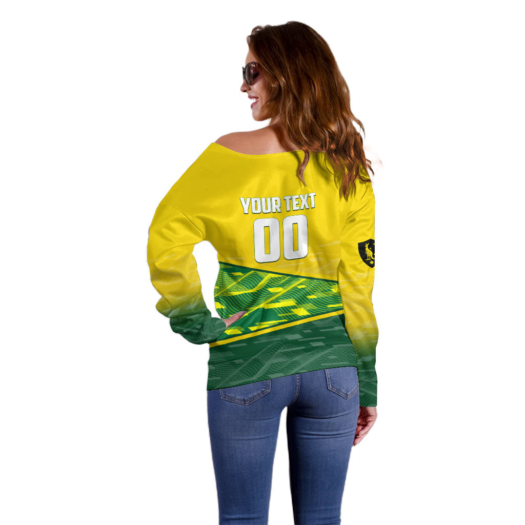 Personalized Socceroos Mascot Off Shoulder Sweater Australian Football Player Dynamic Green Yellow Sports Art