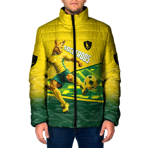 Personalized Socceroos Mascot Padded Jacket Australian Football Player Dynamic Green Yellow Sports Art