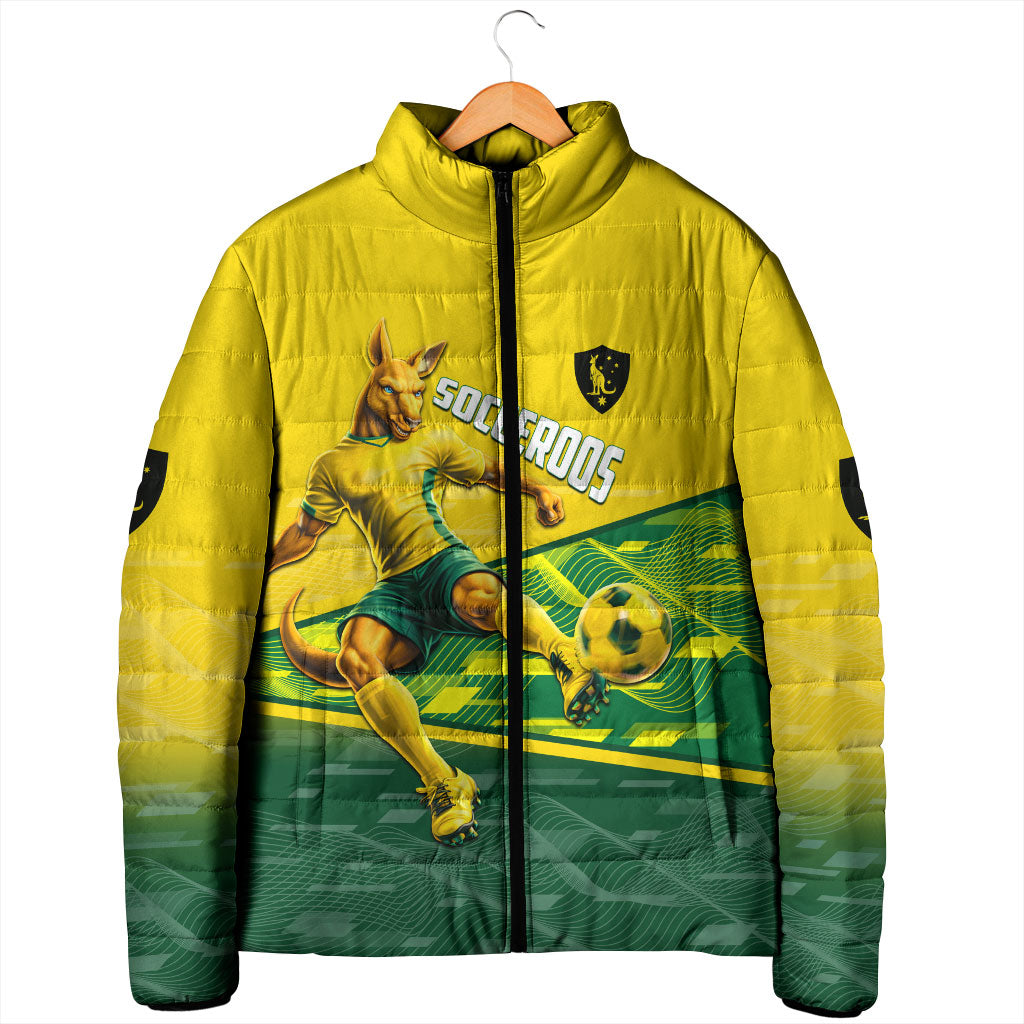 Personalized Socceroos Mascot Padded Jacket Australian Football Player Dynamic Green Yellow Sports Art