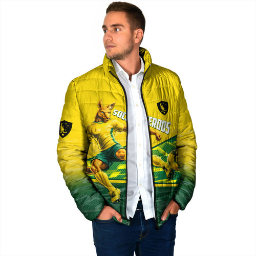 Personalized Socceroos Mascot Padded Jacket Australian Football Player Dynamic Green Yellow Sports Art
