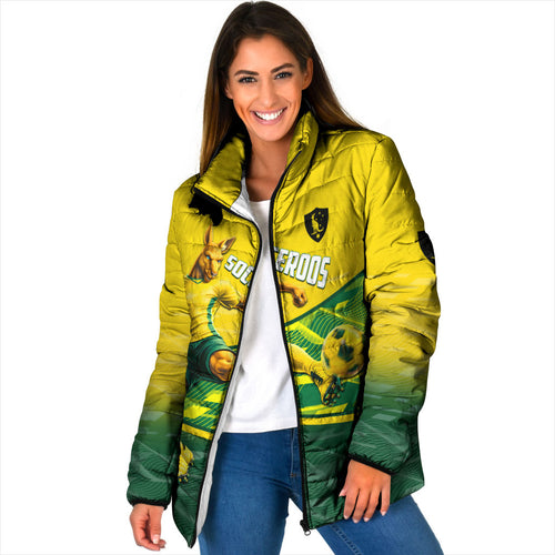 Personalized Socceroos Mascot Padded Jacket Australian Football Player Dynamic Green Yellow Sports Art
