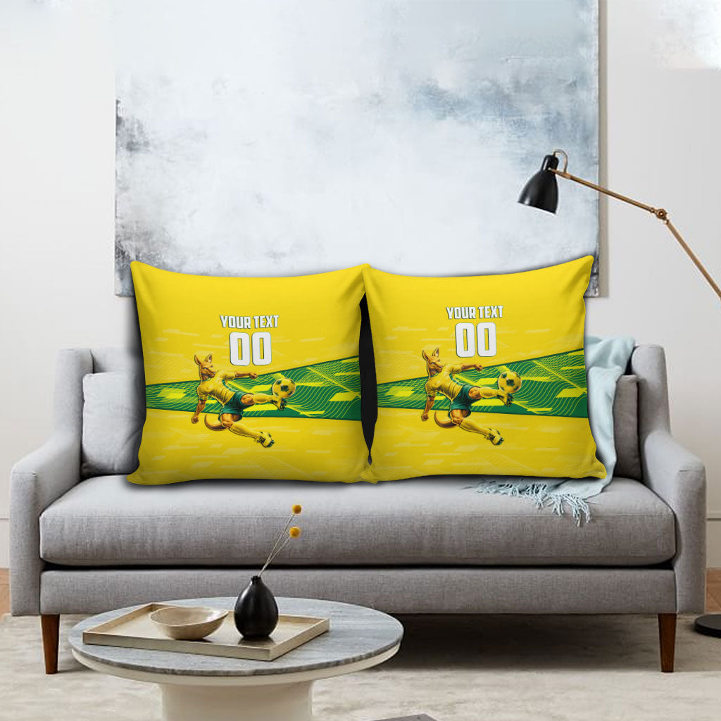 Personalized Socceroos Mascot Pillow Cover Australian Football Player Dynamic Green Yellow Sports Art
