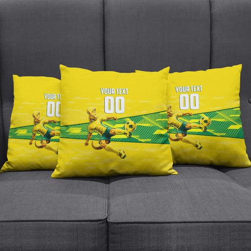 Personalized Socceroos Mascot Pillow Cover Australian Football Player Dynamic Green Yellow Sports Art
