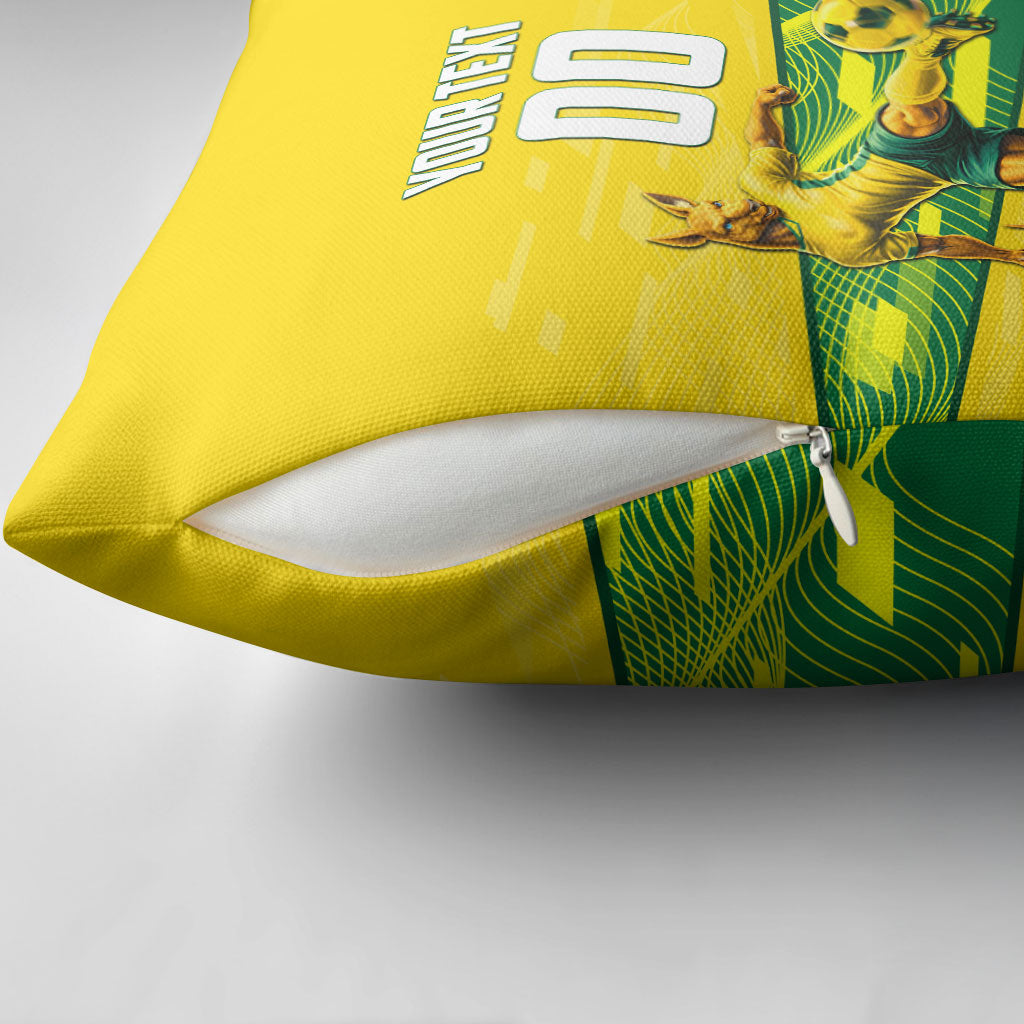 Personalized Socceroos Mascot Pillow Cover Australian Football Player Dynamic Green Yellow Sports Art