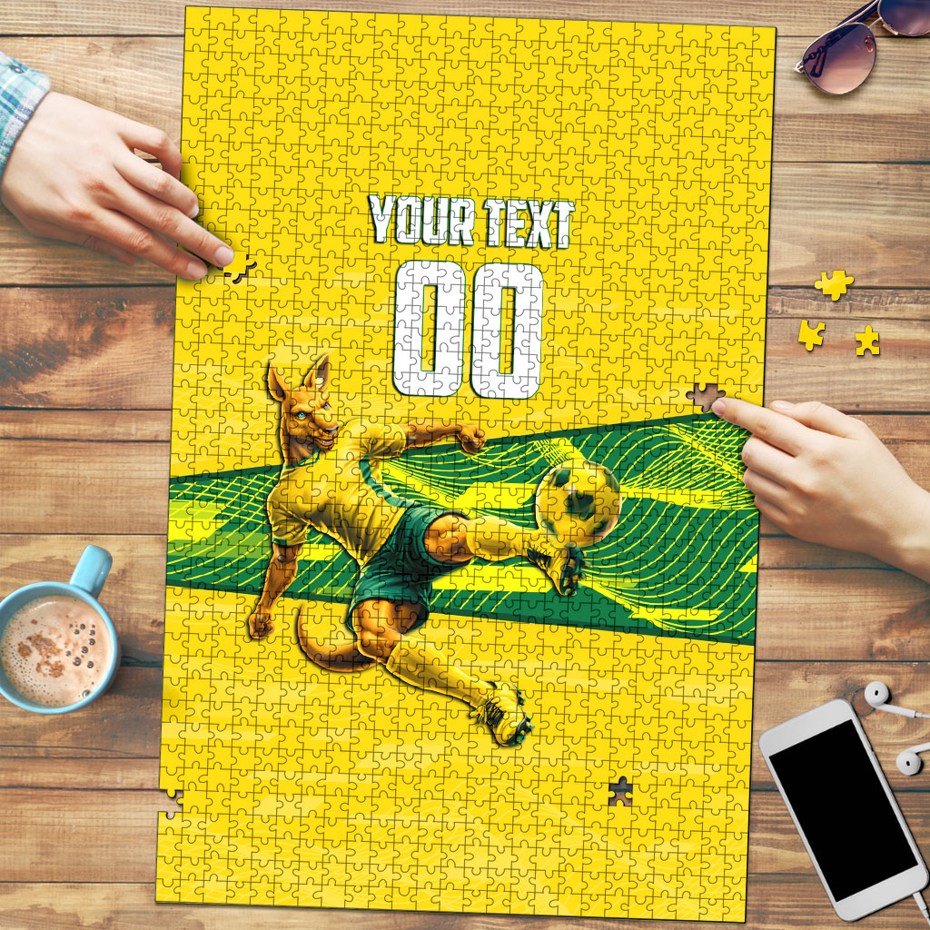 Personalized Socceroos Mascot Puzzle Australian Football Player Dynamic Green Yellow Sports Art