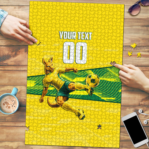 Personalized Socceroos Mascot Puzzle Australian Football Player Dynamic Green Yellow Sports Art