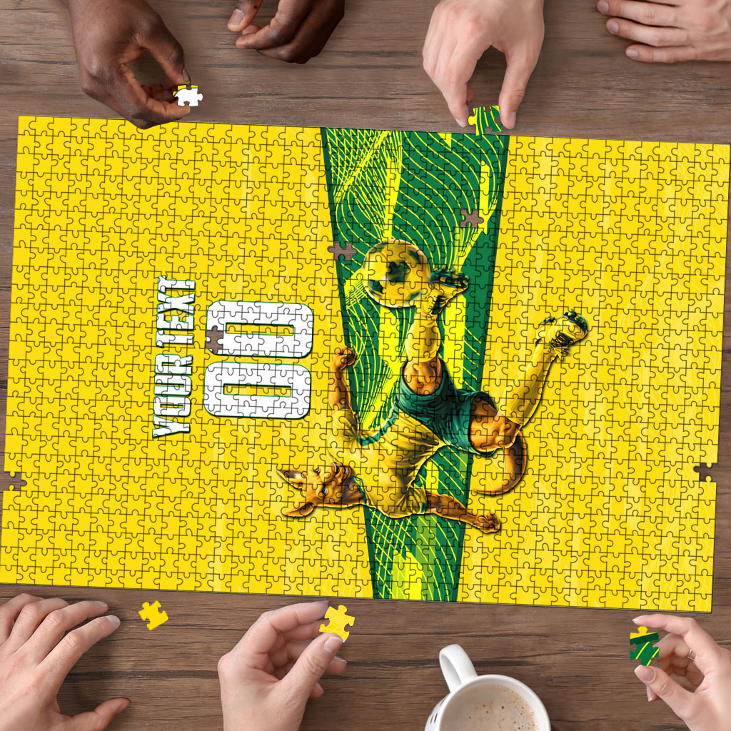 Personalized Socceroos Mascot Puzzle Australian Football Player Dynamic Green Yellow Sports Art