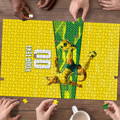 Personalized Socceroos Mascot Puzzle Australian Football Player Dynamic Green Yellow Sports Art