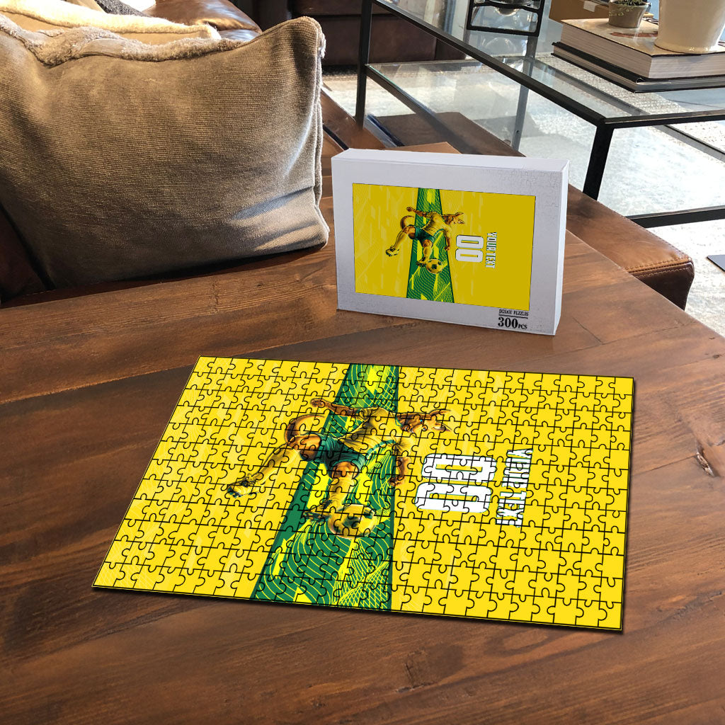 Personalized Socceroos Mascot Puzzle Australian Football Player Dynamic Green Yellow Sports Art
