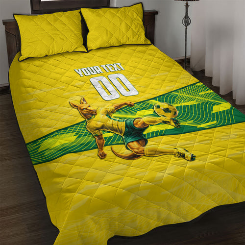 Personalized Socceroos Mascot Quilt Bed Set Australian Football Player Dynamic Green Yellow Sports Art