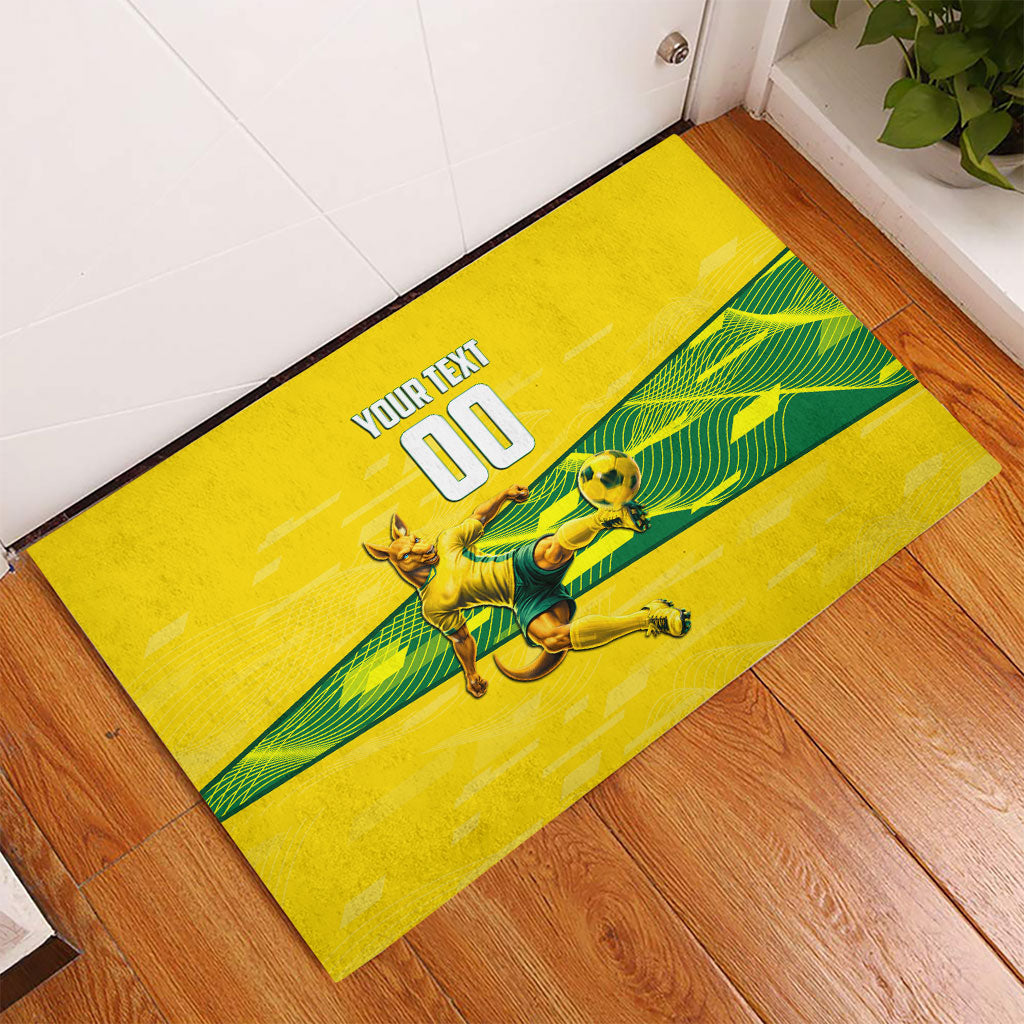 Personalized Socceroos Mascot Rubber Doormat Australian Football Player Dynamic Green Yellow Sports Art