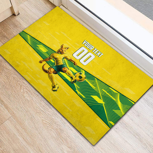 Personalized Socceroos Mascot Rubber Doormat Australian Football Player Dynamic Green Yellow Sports Art