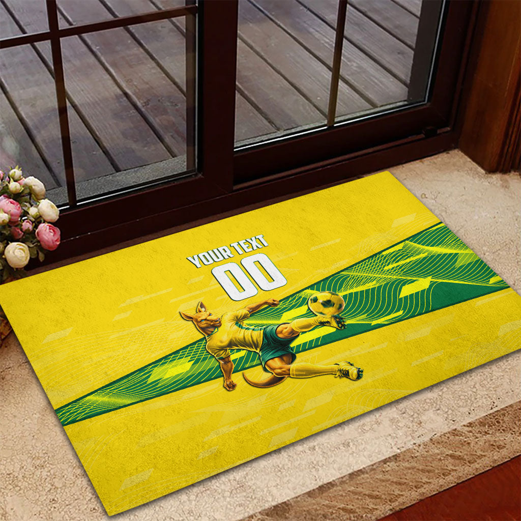 Personalized Socceroos Mascot Rubber Doormat Australian Football Player Dynamic Green Yellow Sports Art