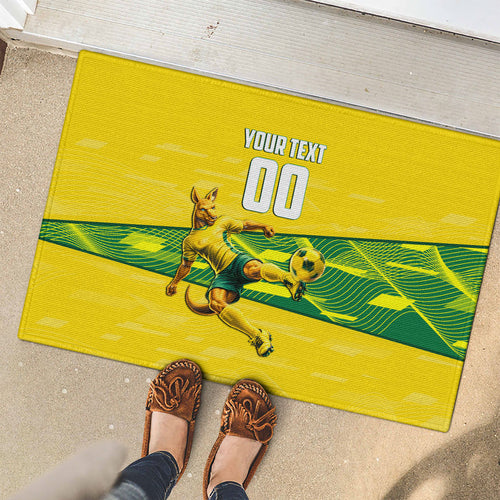 Personalized Socceroos Mascot Rubber Doormat Australian Football Player Dynamic Green Yellow Sports Art