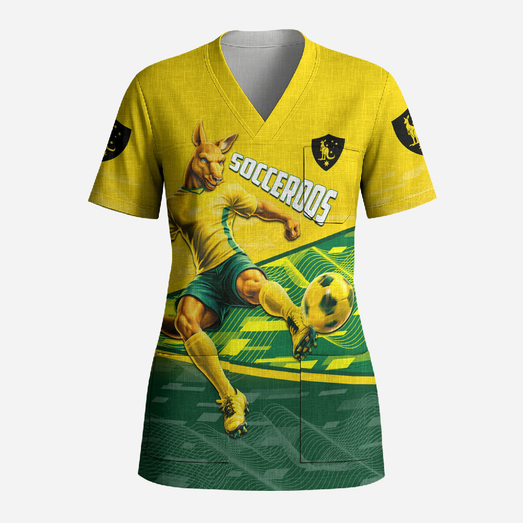 Personalized Socceroos Mascot Scrub Top Australian Football Player Dynamic Green Yellow Sports Art