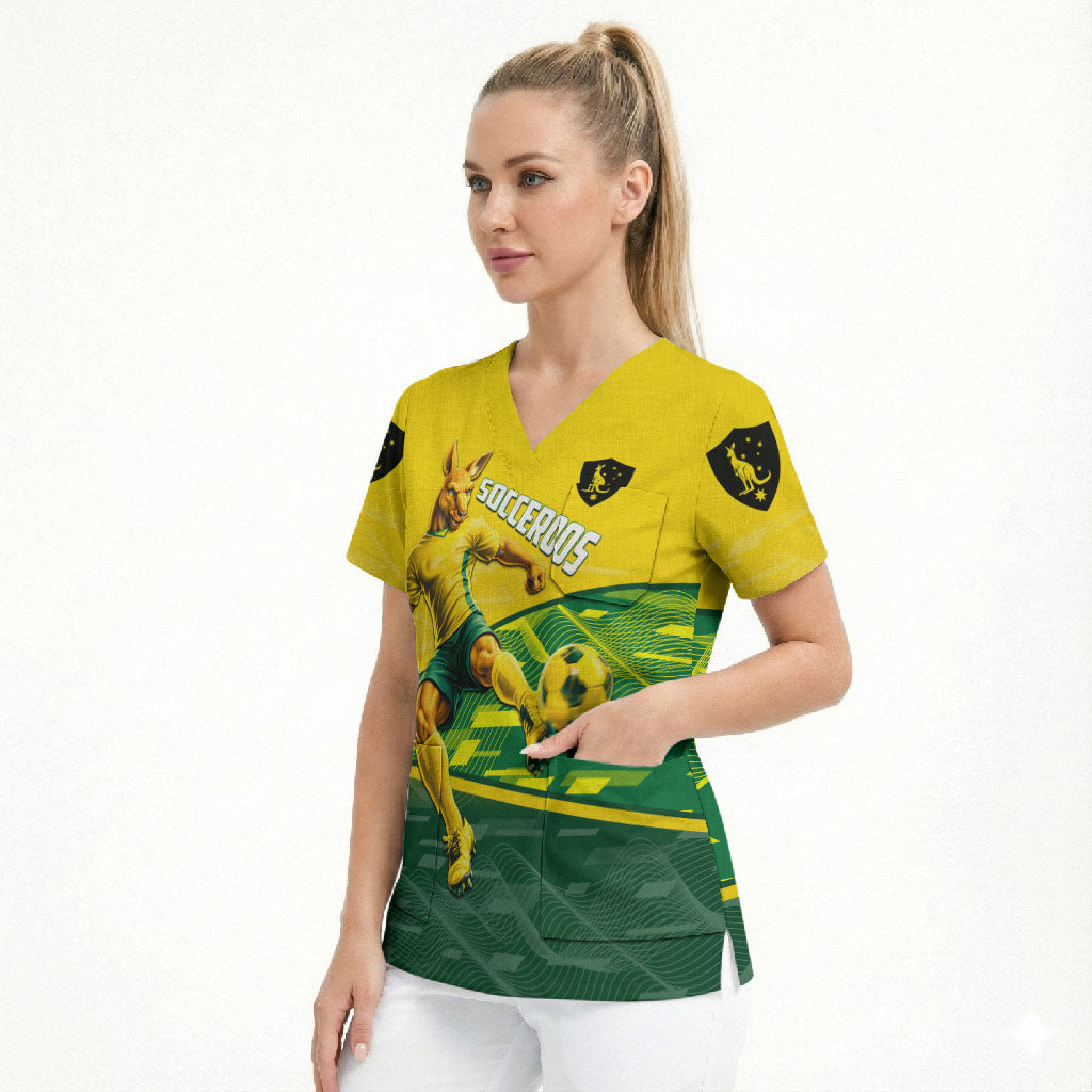 Personalized Socceroos Mascot Scrub Top Australian Football Player Dynamic Green Yellow Sports Art