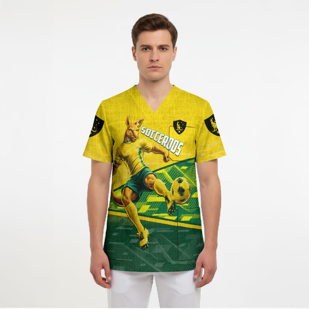 Personalized Socceroos Mascot Scrub Top Australian Football Player Dynamic Green Yellow Sports Art
