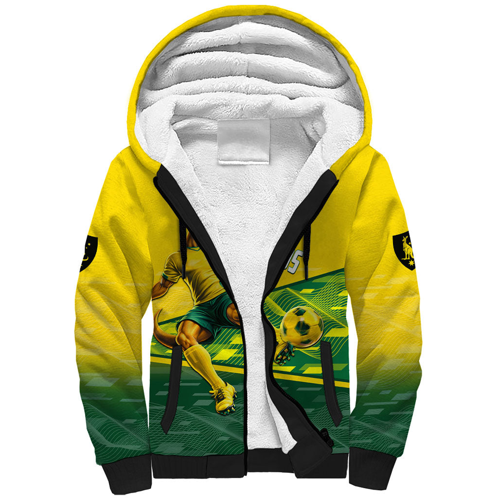 Personalized Socceroos Mascot Sherpa Hoodie Australian Football Player Dynamic Green Yellow Sports Art