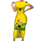 Personalized Socceroos Mascot Short Sleeve Bodycon Dress Australian Football Player Dynamic Green Yellow Sports Art