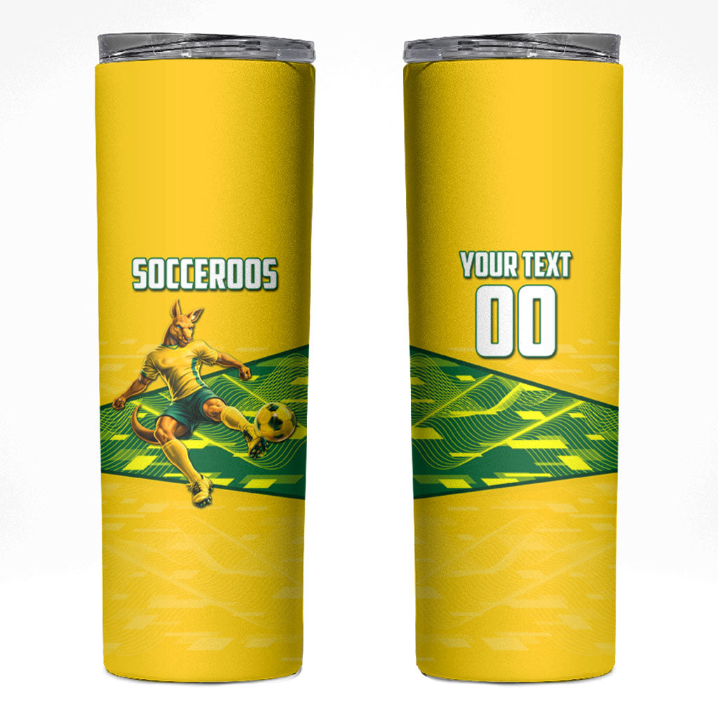 Personalized Socceroos Mascot Skinny Tumbler Australian Football Player Dynamic Green Yellow Sports Art