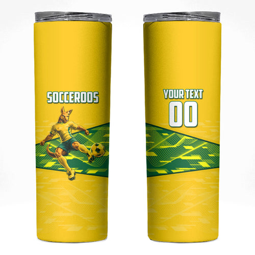 Personalized Socceroos Mascot Skinny Tumbler Australian Football Player Dynamic Green Yellow Sports Art