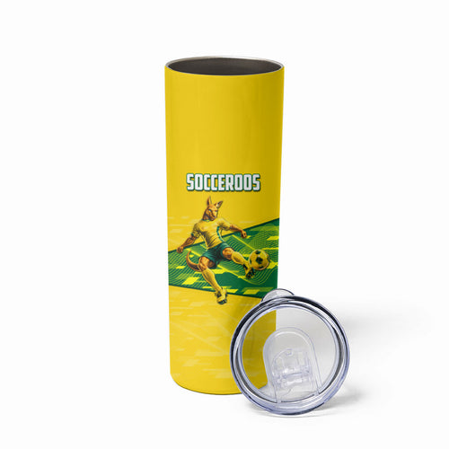 Personalized Socceroos Mascot Skinny Tumbler Australian Football Player Dynamic Green Yellow Sports Art